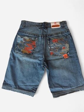 Vintage Y2K Pepe Jeans Blue Denim Jorts Shorts with Orange Camo Embroidery 36